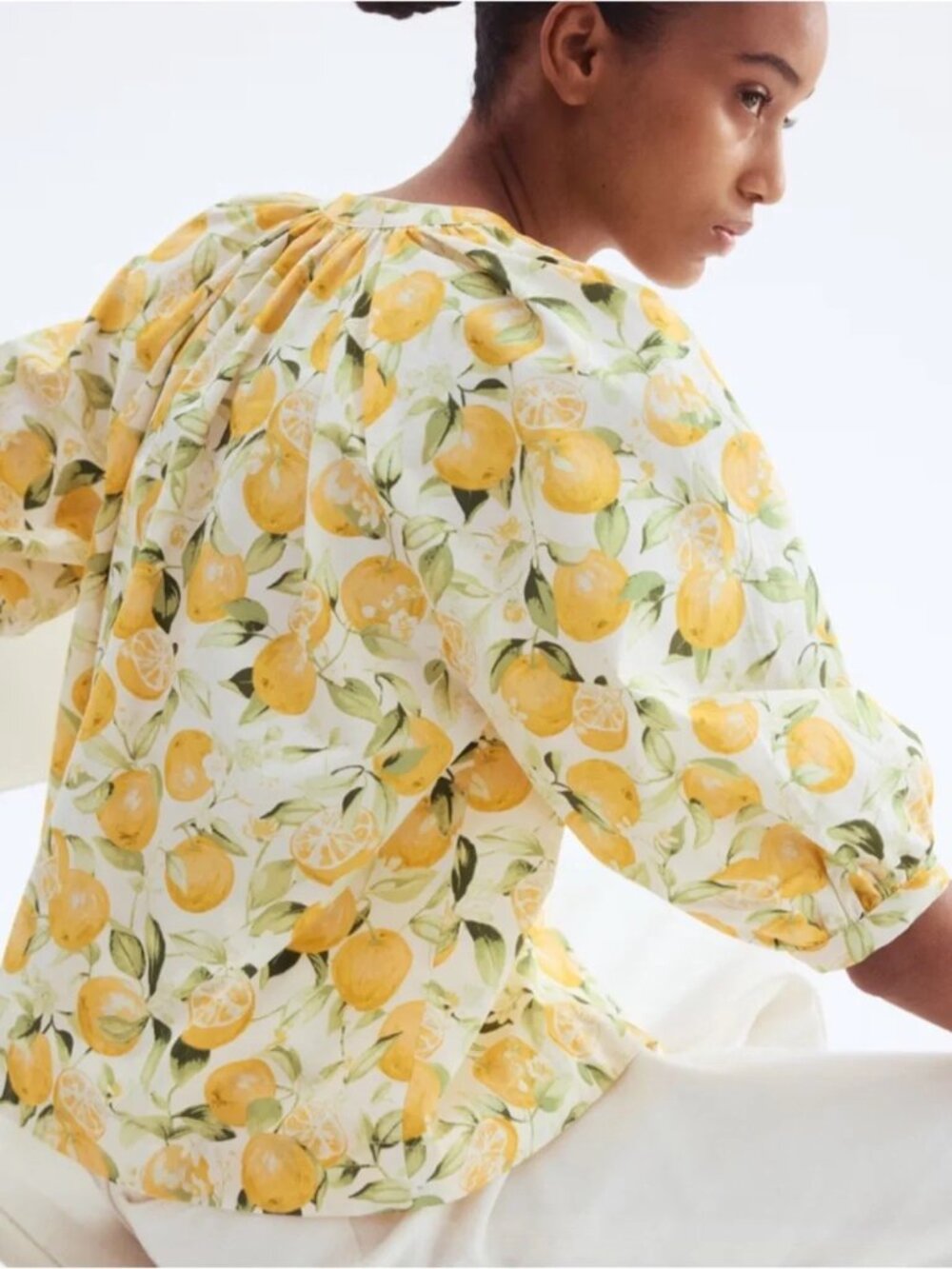 H&M Lemon Print Cotton Blouse Top Yellow White Puff Sleeve Button Front size M - Picture 3 of 12
